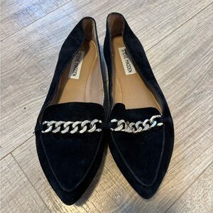 Steve Madden Black Suede Pointed Loafers with Silver Chain